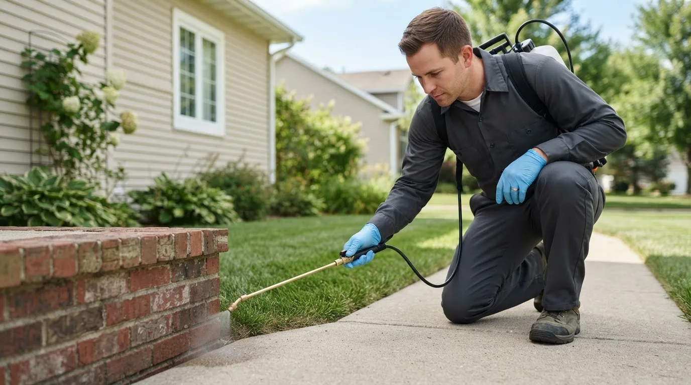 Pest control technician treating a home near Detroit, AL